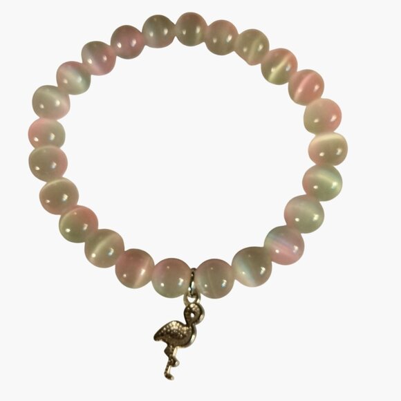 Pink Flamingo Charm Stretch Bracelet Flamazing Inspiration Opalescent Glass Bead - Picture 4 of 7
